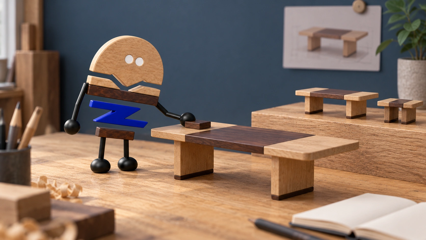 A wooden 3D Chunzai places a finish token beside compact Luma-style table models to compare their layout relationships.