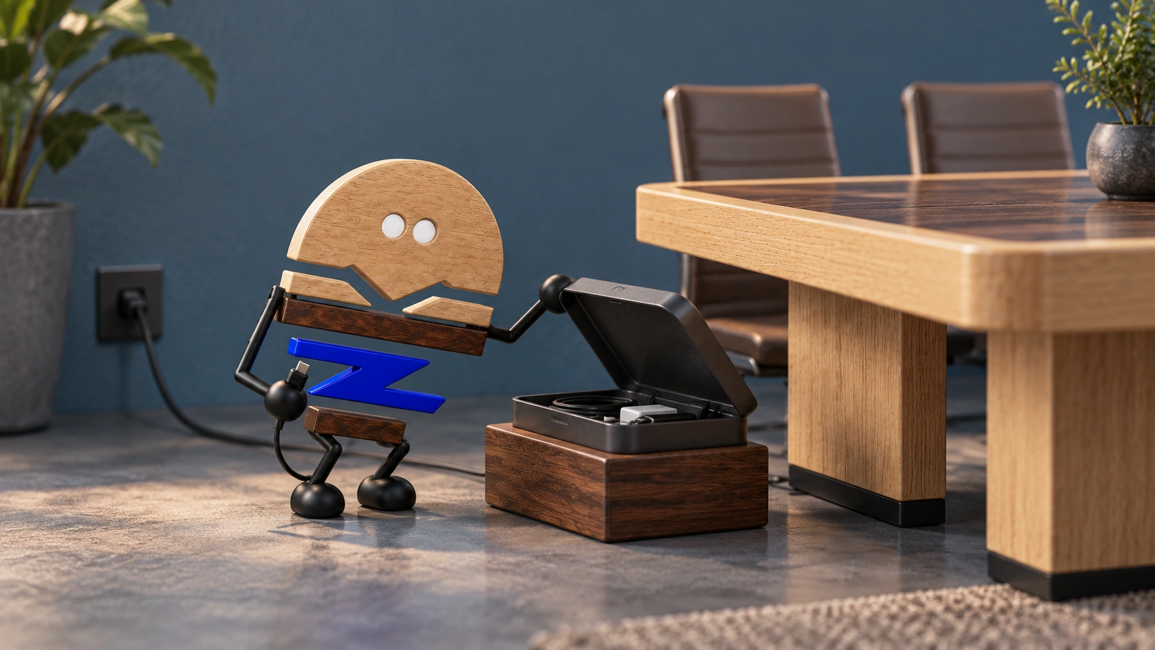 A wooden 3D Chunzai checks a separate cable tray beside a compact Luma conference-table model, holding the connector close by.