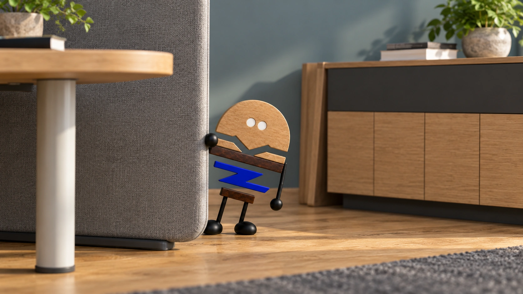 Wooden ChunZai peeks around a gray Cloud screen, holding its edge while looking across the pale oak desktop and DP low cabinet.