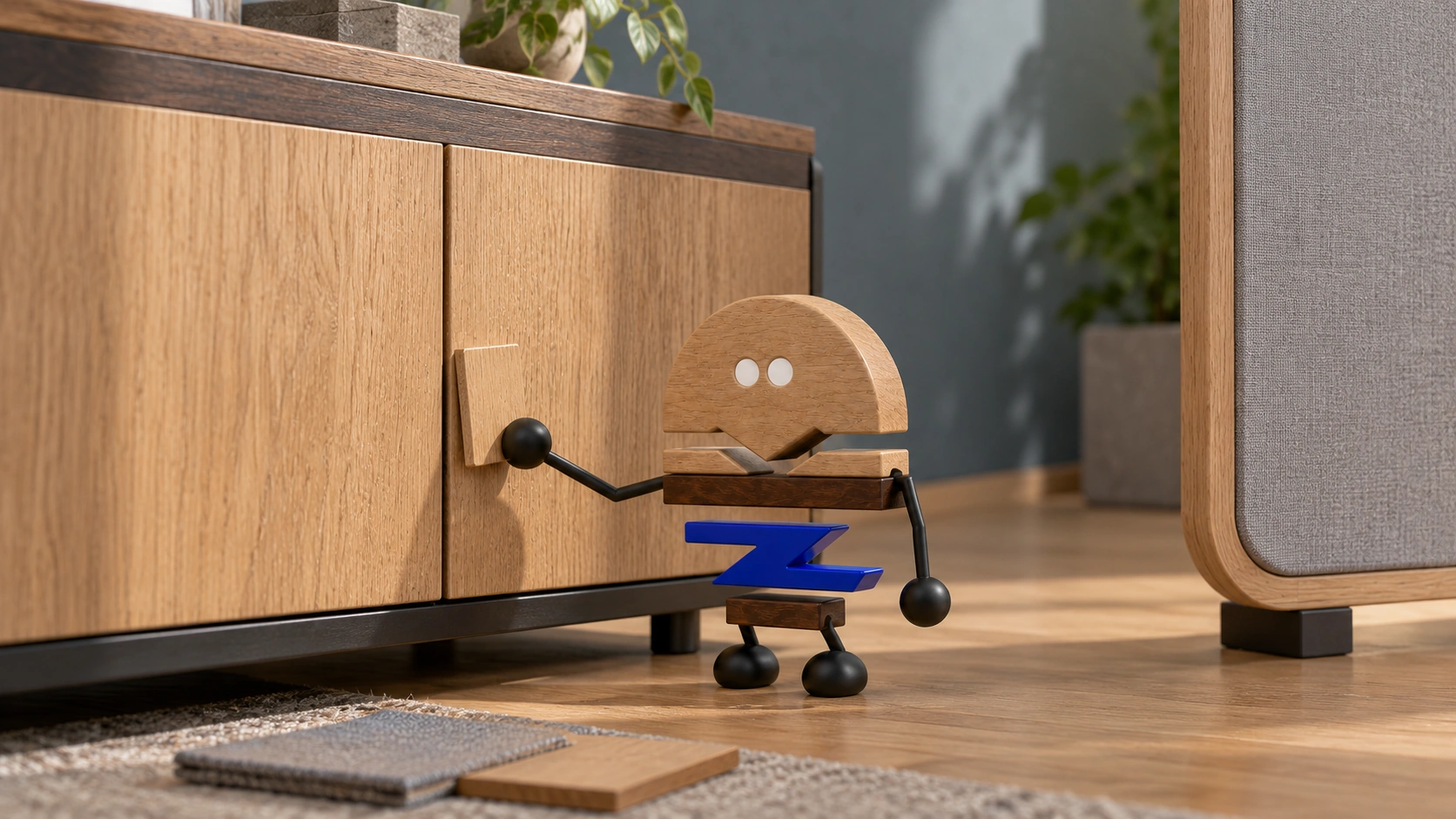Wooden ChunZai bends its knees to compare a small oak card with a DP cabinet door reveal, alongside a gray upholstered mock-up for checking the material junction.