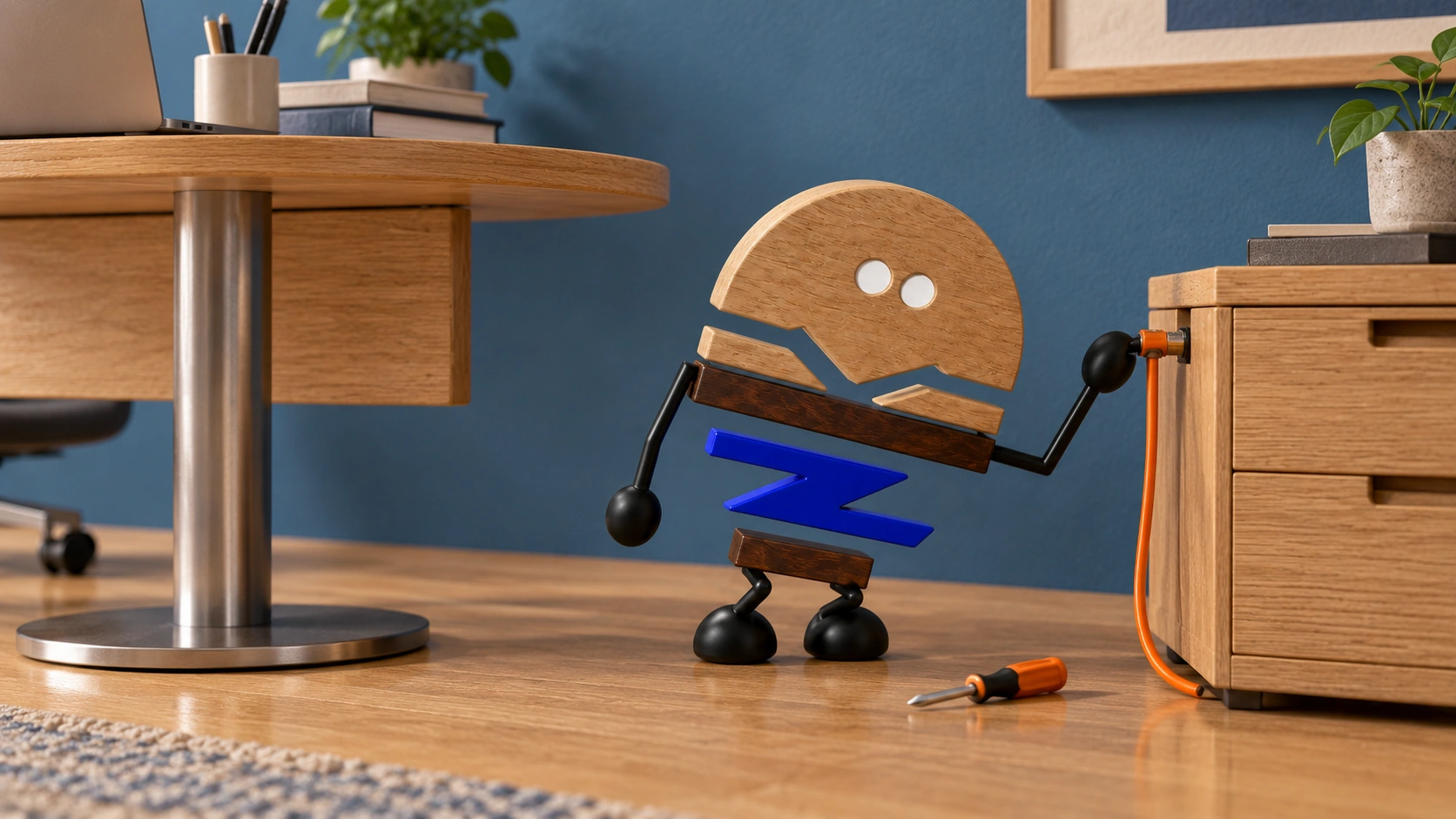 Wooden ChunZai crouches to check a cabinet-side cable connection beside an executive desk, showing how the round return, access point and under-desk space work together.