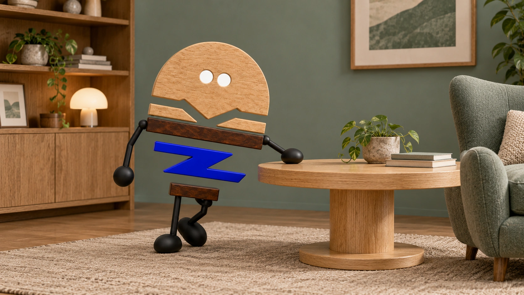 Wooden ChunZai leans lightly on a round wooden surface, one foot lifted, among open storage and lounge seating arranged for relaxed office conversation.