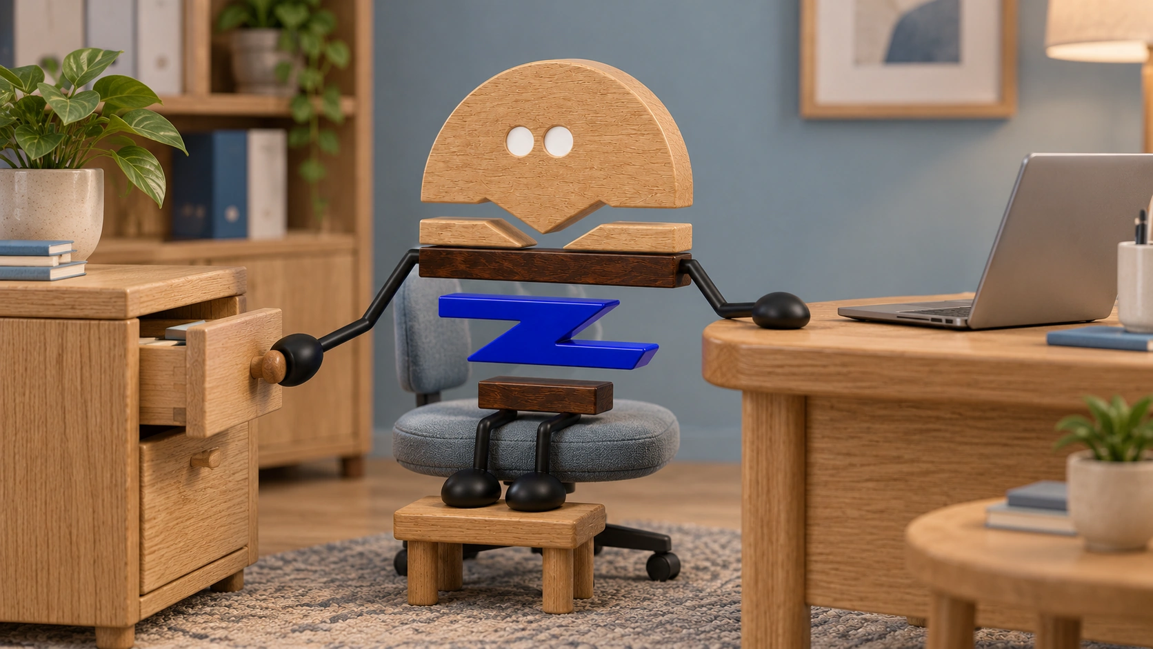 Wooden ChunZai sits between desk and storage, opening the nearest drawer with one hand while the other rests on the desk, both feet comfortably supported.