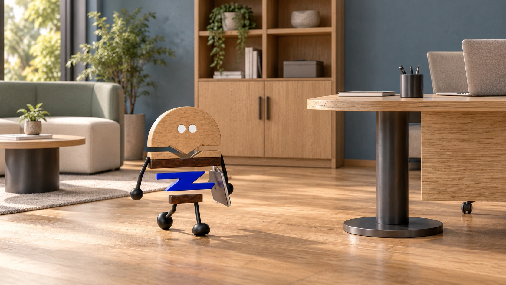 Wooden ChunZai carries a file along the open route linking a desk, storage cabinet and separate lounge setting.