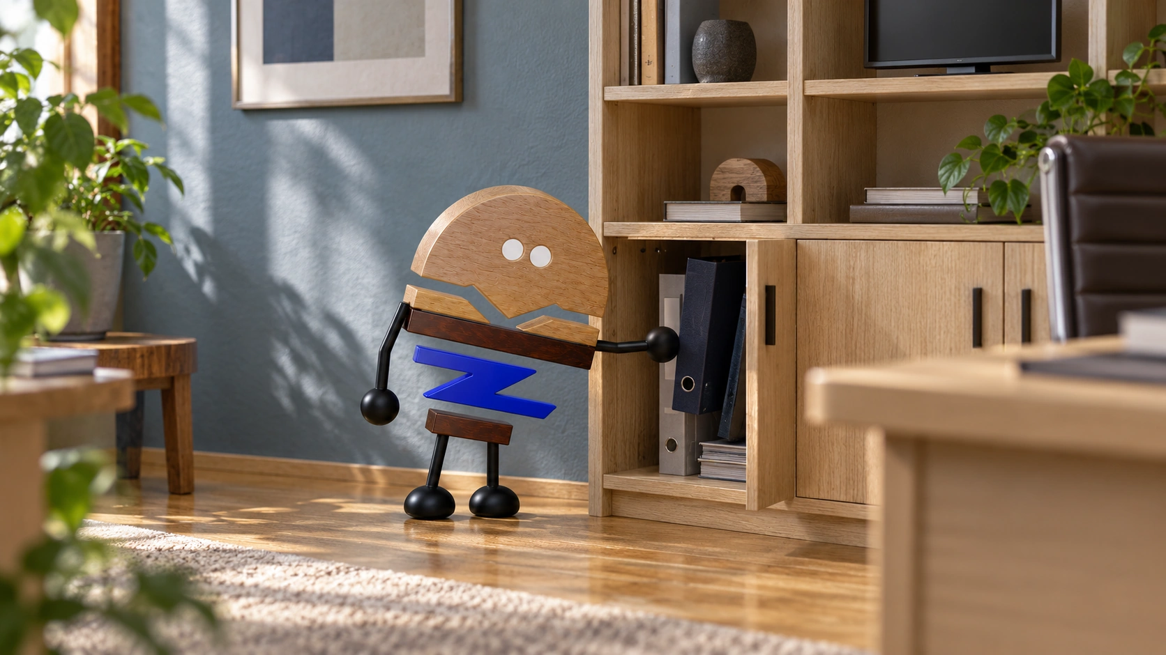Wooden ChunZai retrieves a file from low storage, while display shelves, a screen and the desk share a clear route for everyday use.