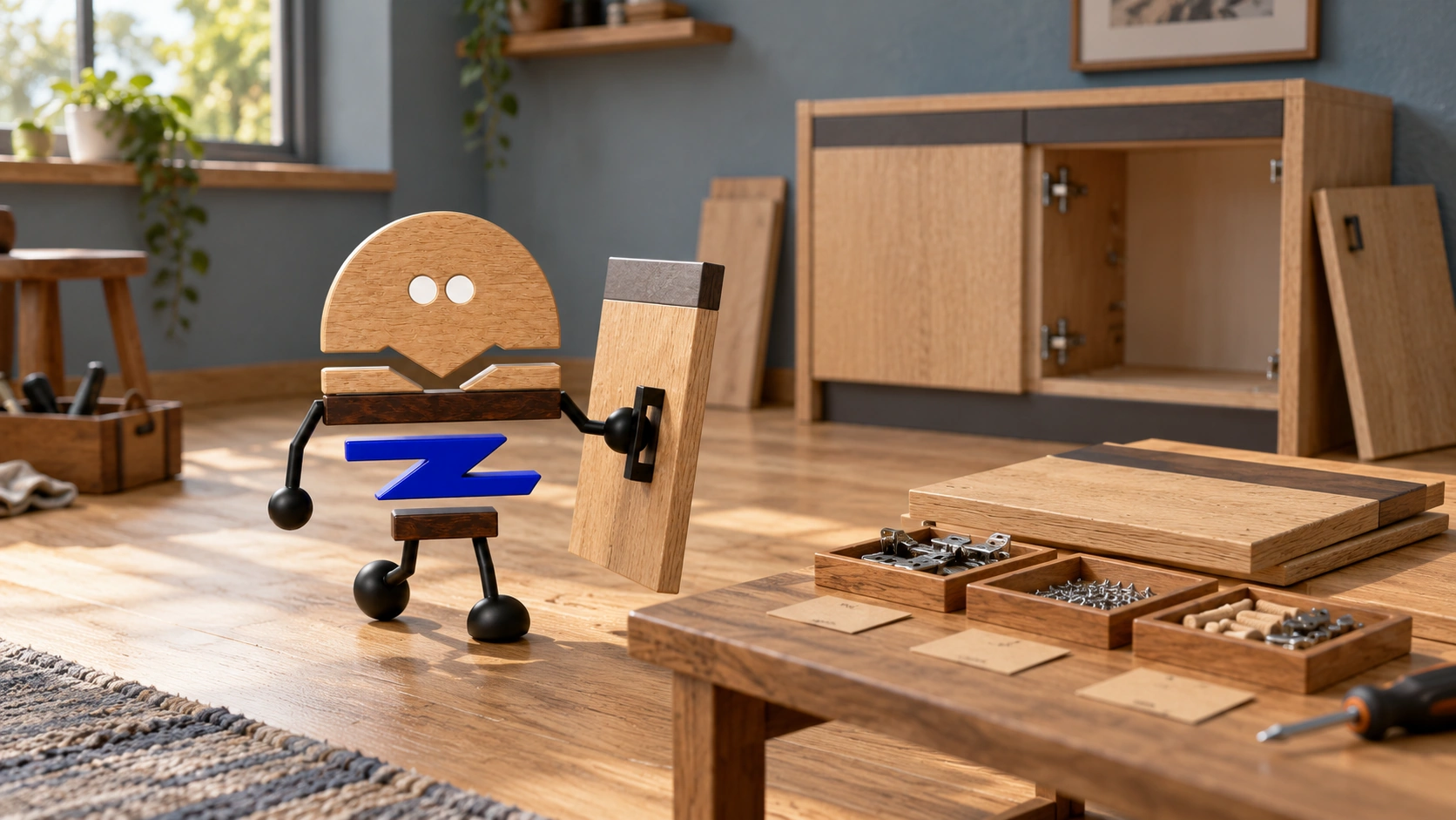 Wooden ChunZai carries a small cabinet door toward matching panels, sorted hardware trays and record cards, with an open oak cabinet behind.