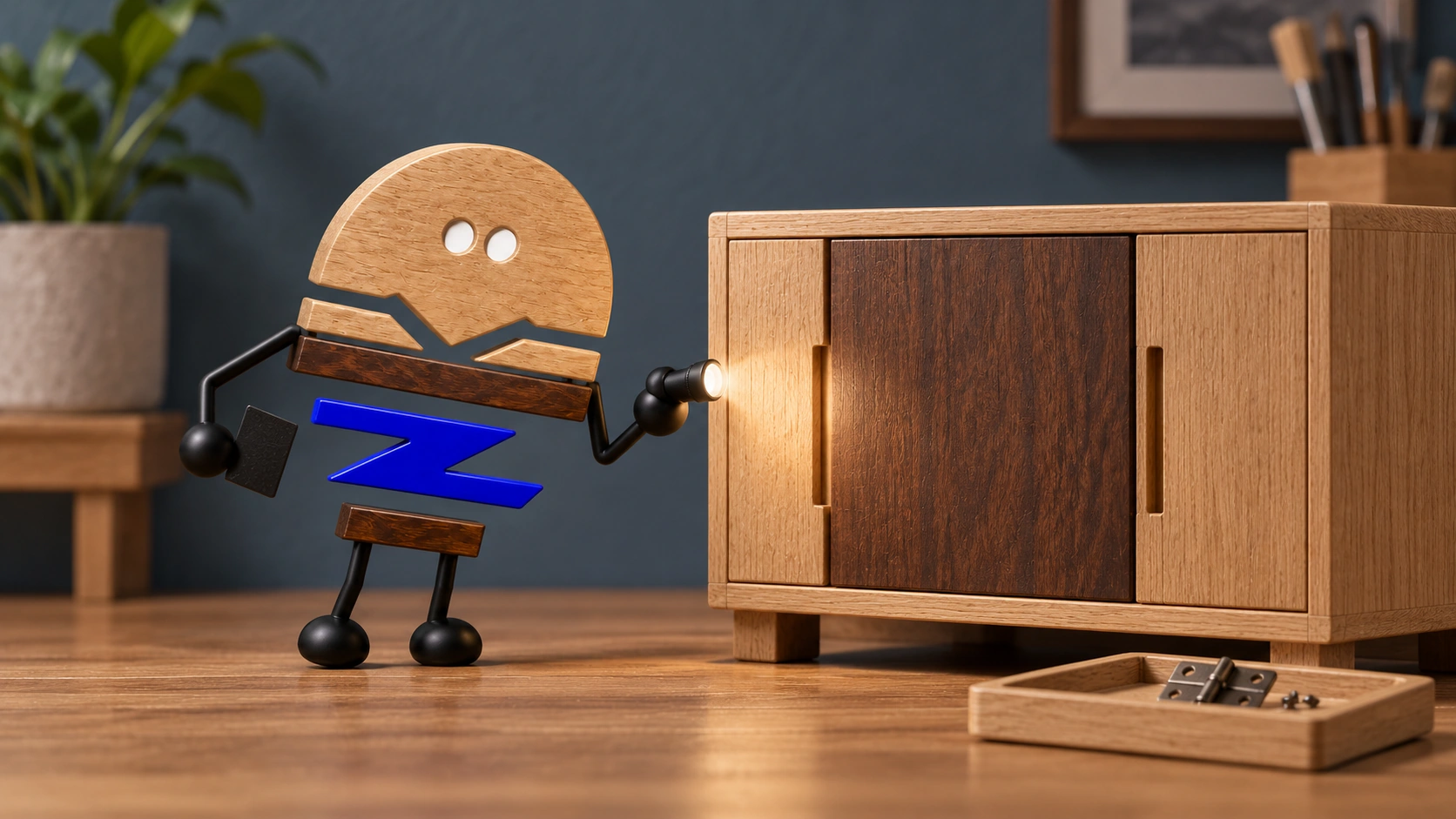 A wooden 3D Chunzai checks the door seam of a compact Luma cabinet model, with replacement hardware in a separate tray nearby.