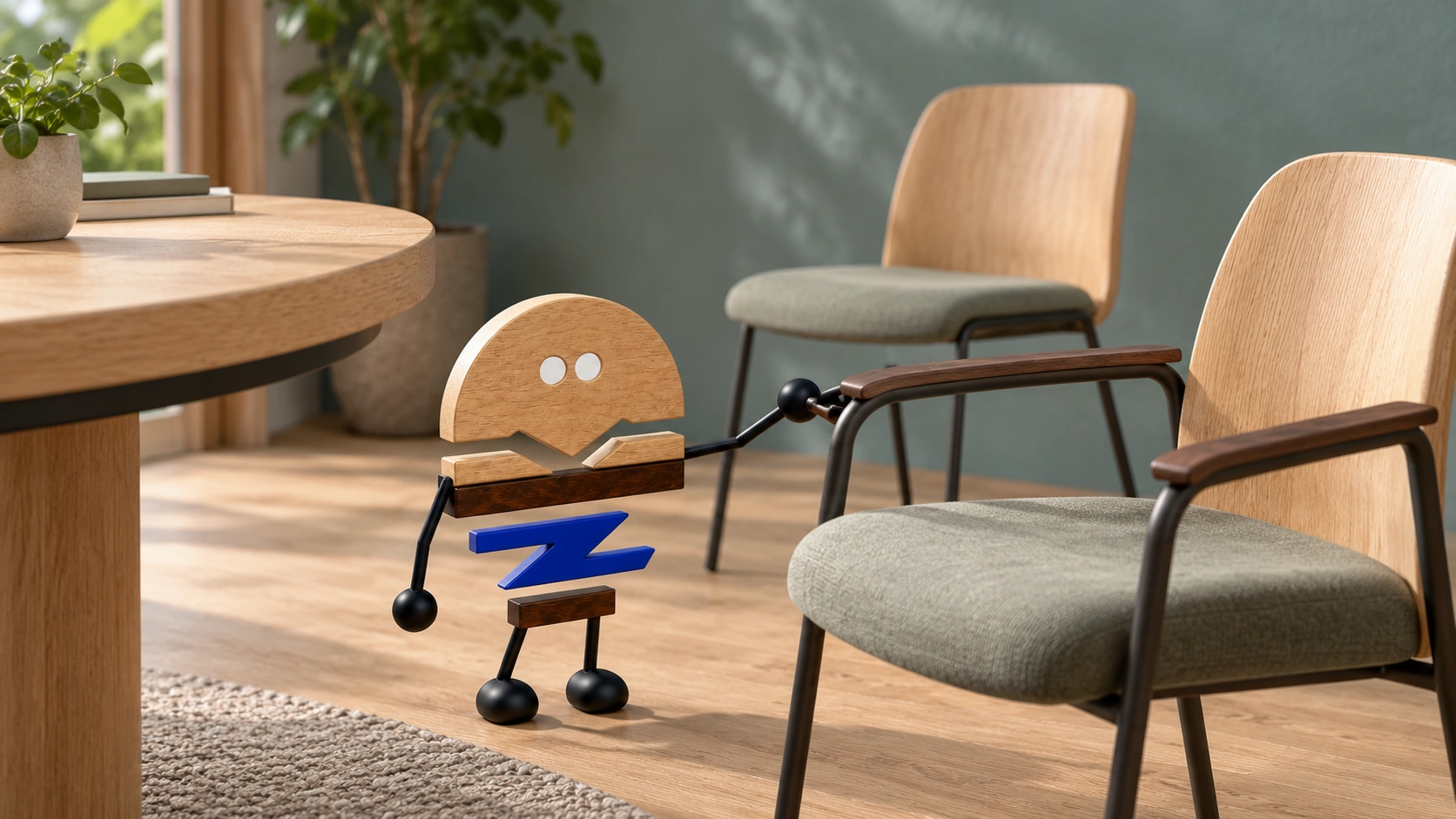 Wooden ChunZai checks the arm of a generic visitor chair beside an armless variant and an oak table edge.