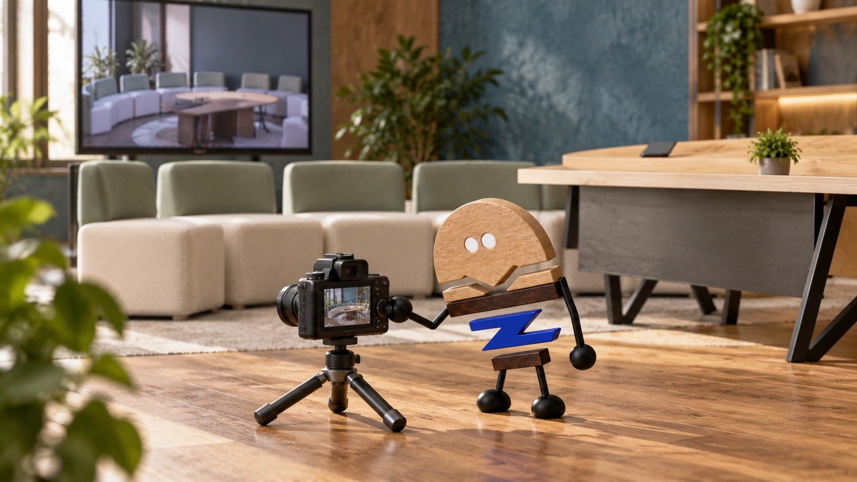 Wooden ChunZai leans toward a low camera to adjust the view, checking the relationship between Flow seating, a display and a modular table from the actual filming position.