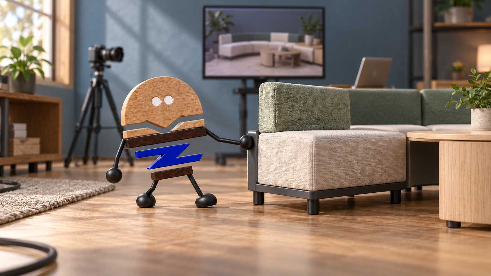 Wooden ChunZai leans back to reposition a Flow-inspired block module; the nearby camera, display and clear passage invite a fresh check of sightlines and connections after the move.