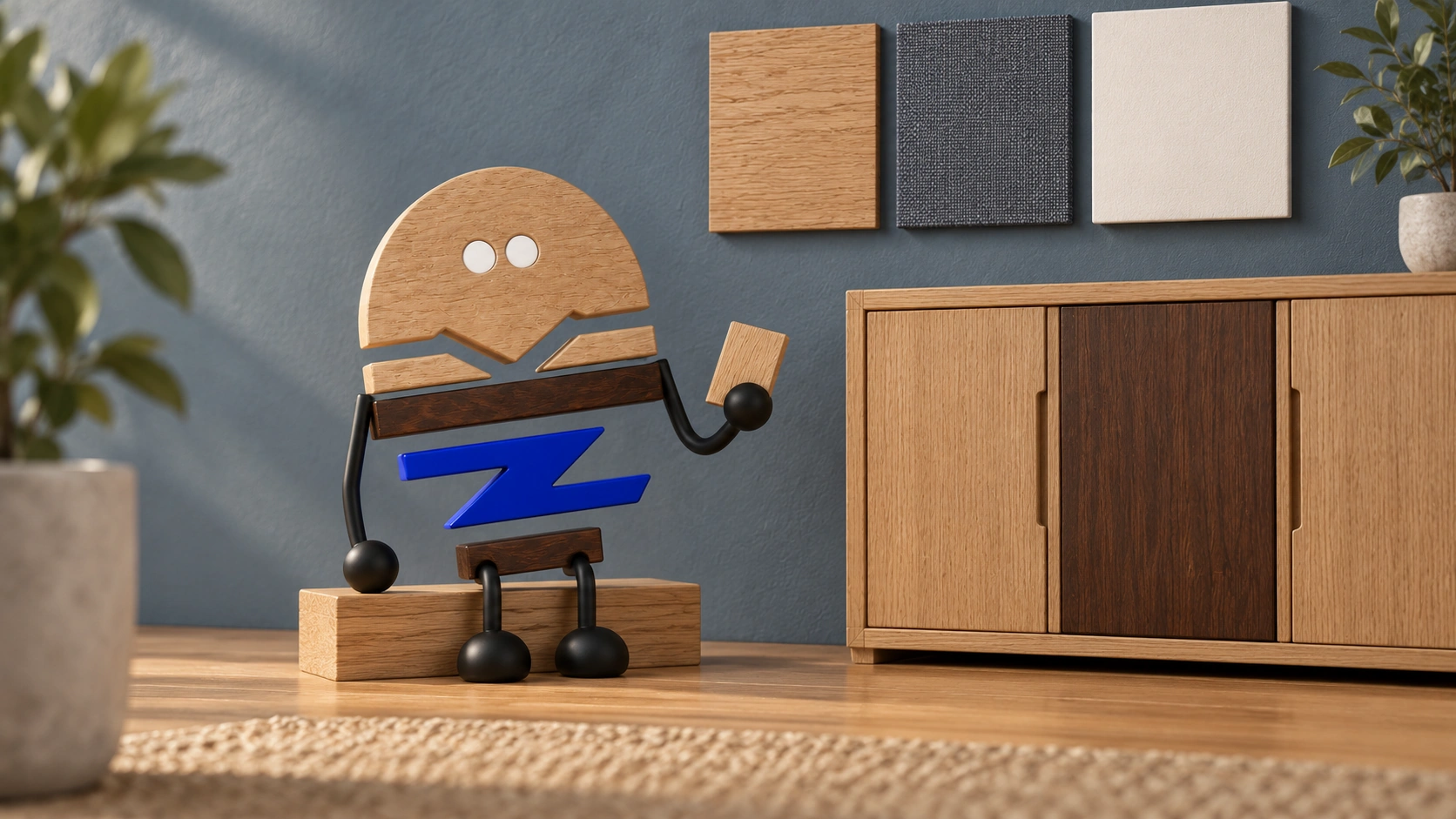 A wooden 3D Chunzai considers an individual wood chip and the background, contact surfaces and accents beside a compact Luma cabinet.