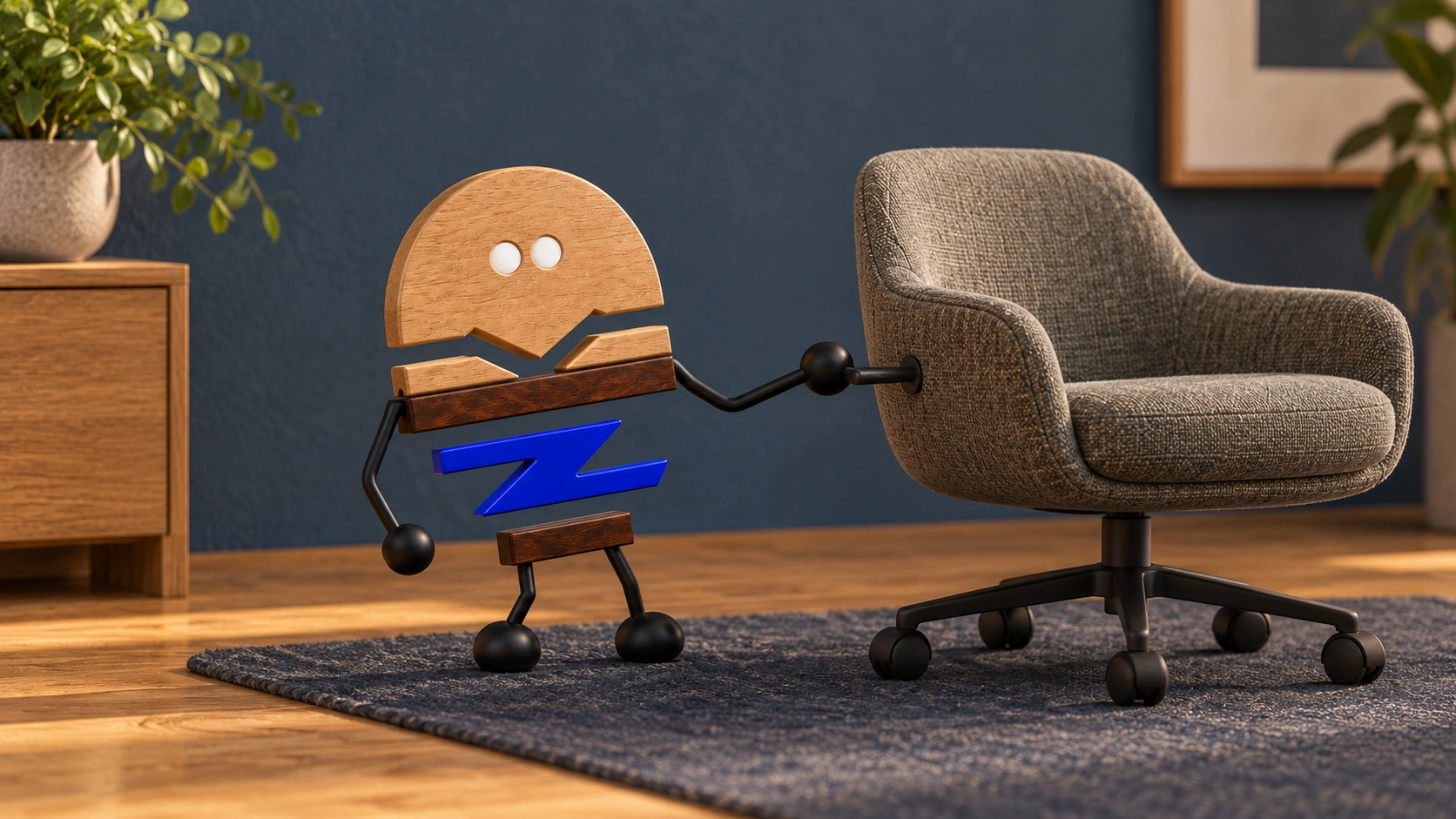 A wooden 3D Chunzai gently draws a generic lounge chair into position by a reachable side handle, with the other hand relaxed at its side.