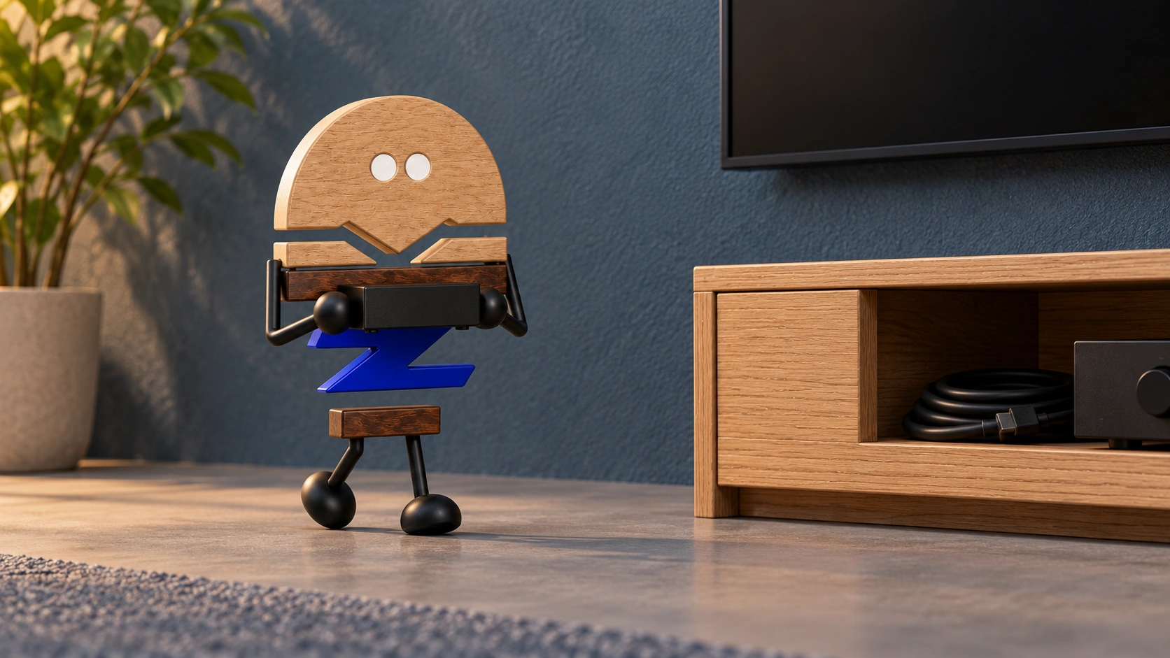 A wooden 3D Chunzai carries a small component close to its body toward a low service opening in a meeting-room AV console.
