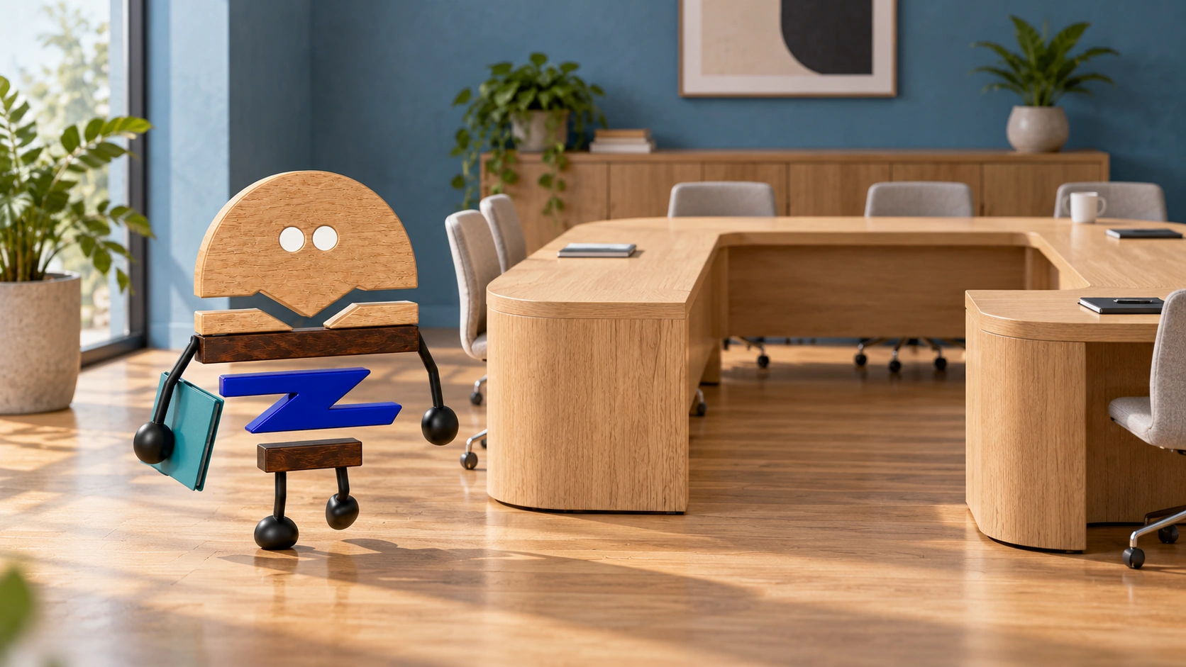A wooden logo character steps toward the meeting area with a teal folder, beside a pale-oak U-shaped table with an open entrance.