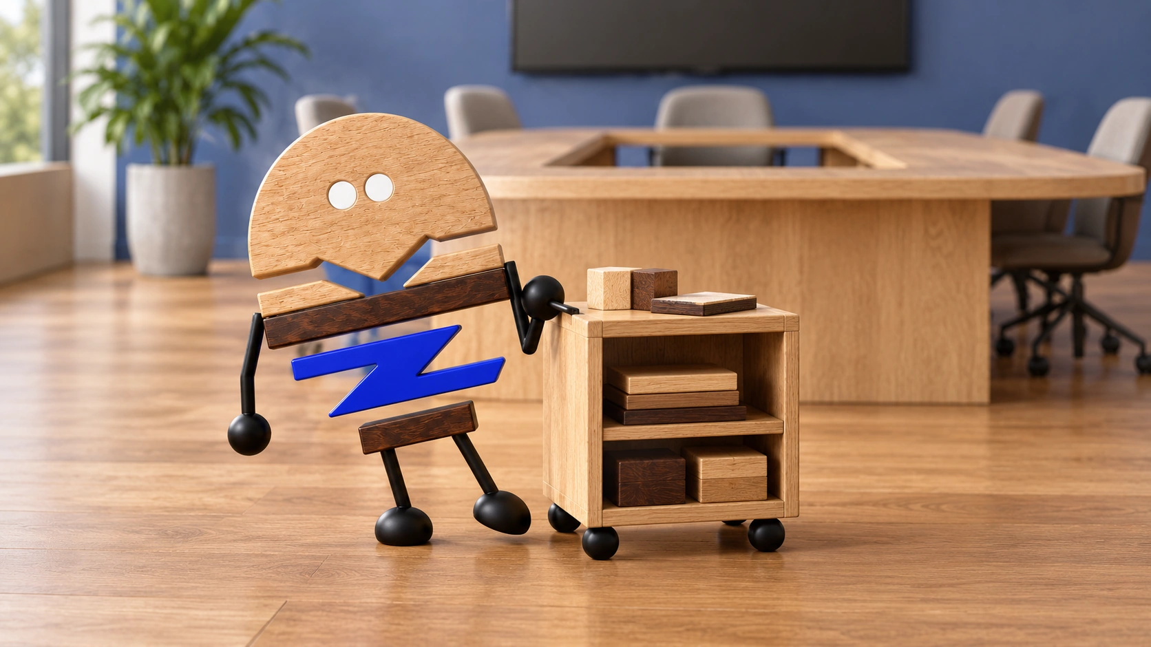 Wooden ChunZai leans back and takes a short step with a small rolling cabinet, keeping samples and accessories close to the meeting activity.