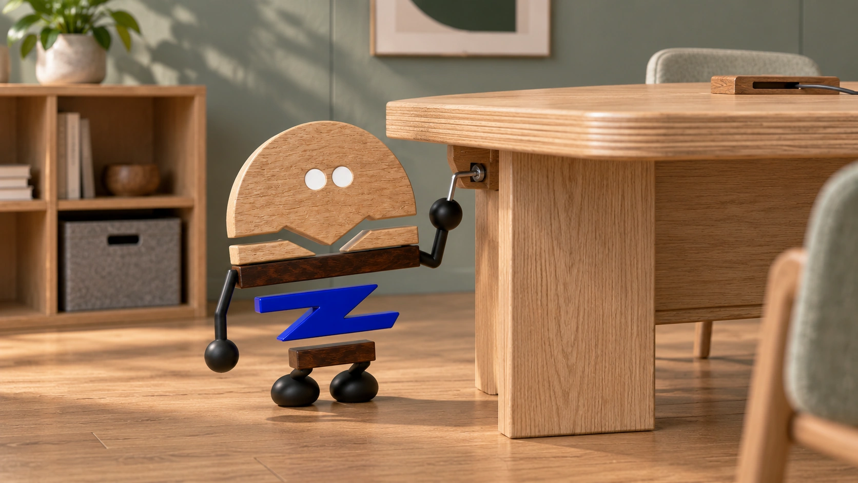 Wooden ChunZai crouches beside a meeting table and adjusts an underside connector with a small hex key, with the cable box and panel support in view.