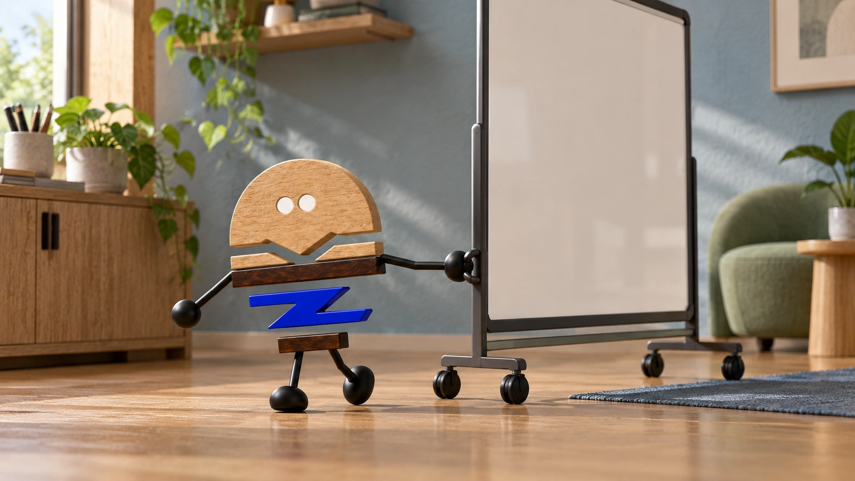 Wooden ChunZai pulls a clean mobile whiteboard toward its parking place, leaving the cabinet and lounge area accessible.