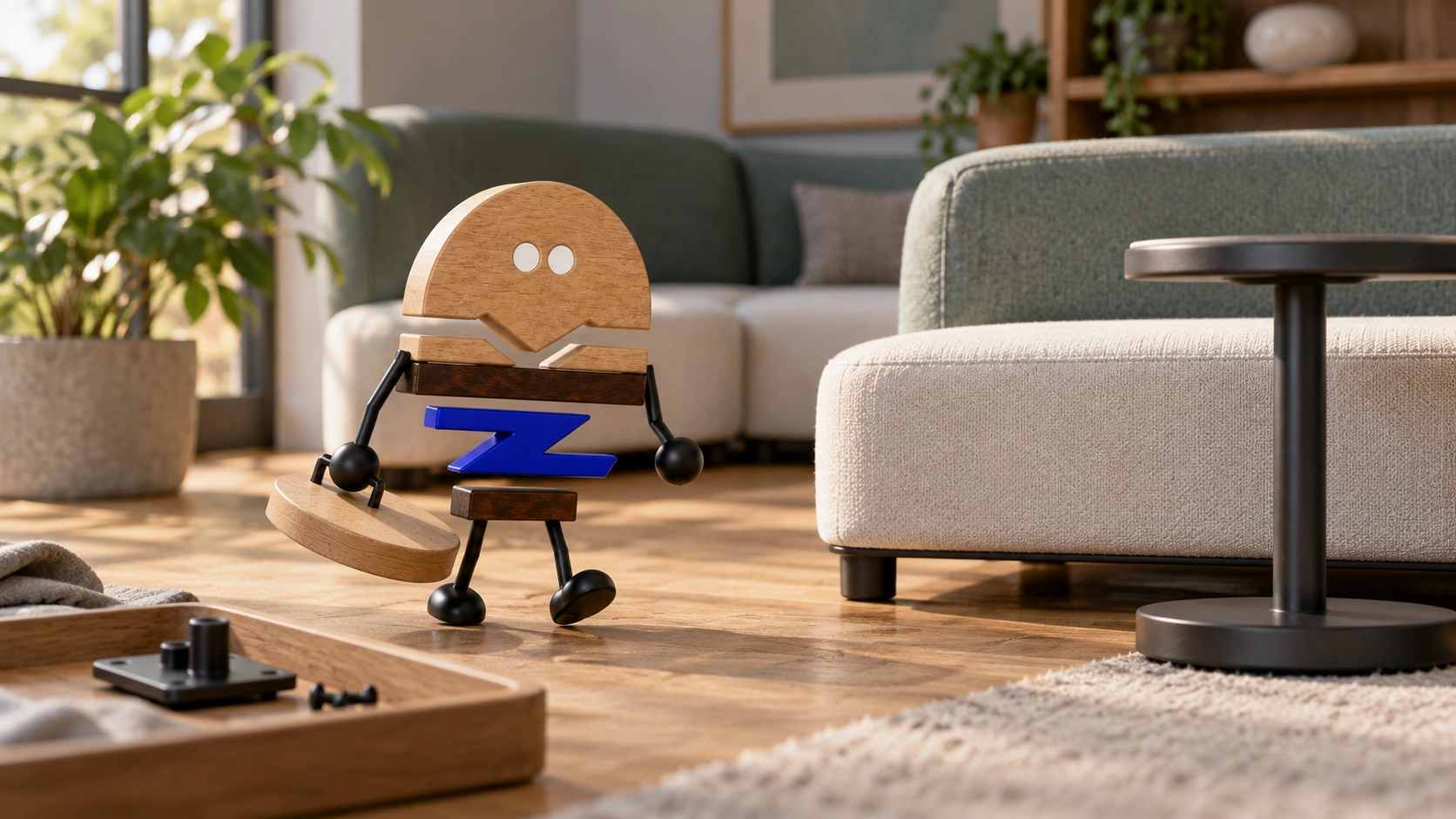 Wooden ChunZai carries a separate round oak tabletop toward a Flow seating module; a freestanding side table and loose interface mock-up retain their own support arrangements.