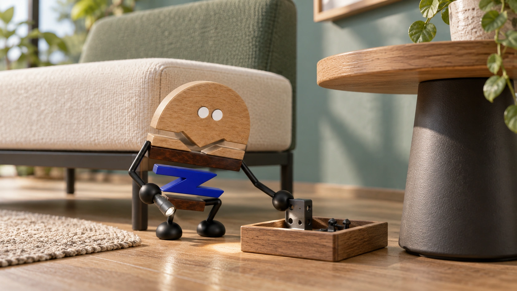 Wooden ChunZai crouches between a Flow seating module and a freestanding side table, holding an inspection light while checking a loose interface mock-up in a tray; both furniture pieces retain independent floor support.