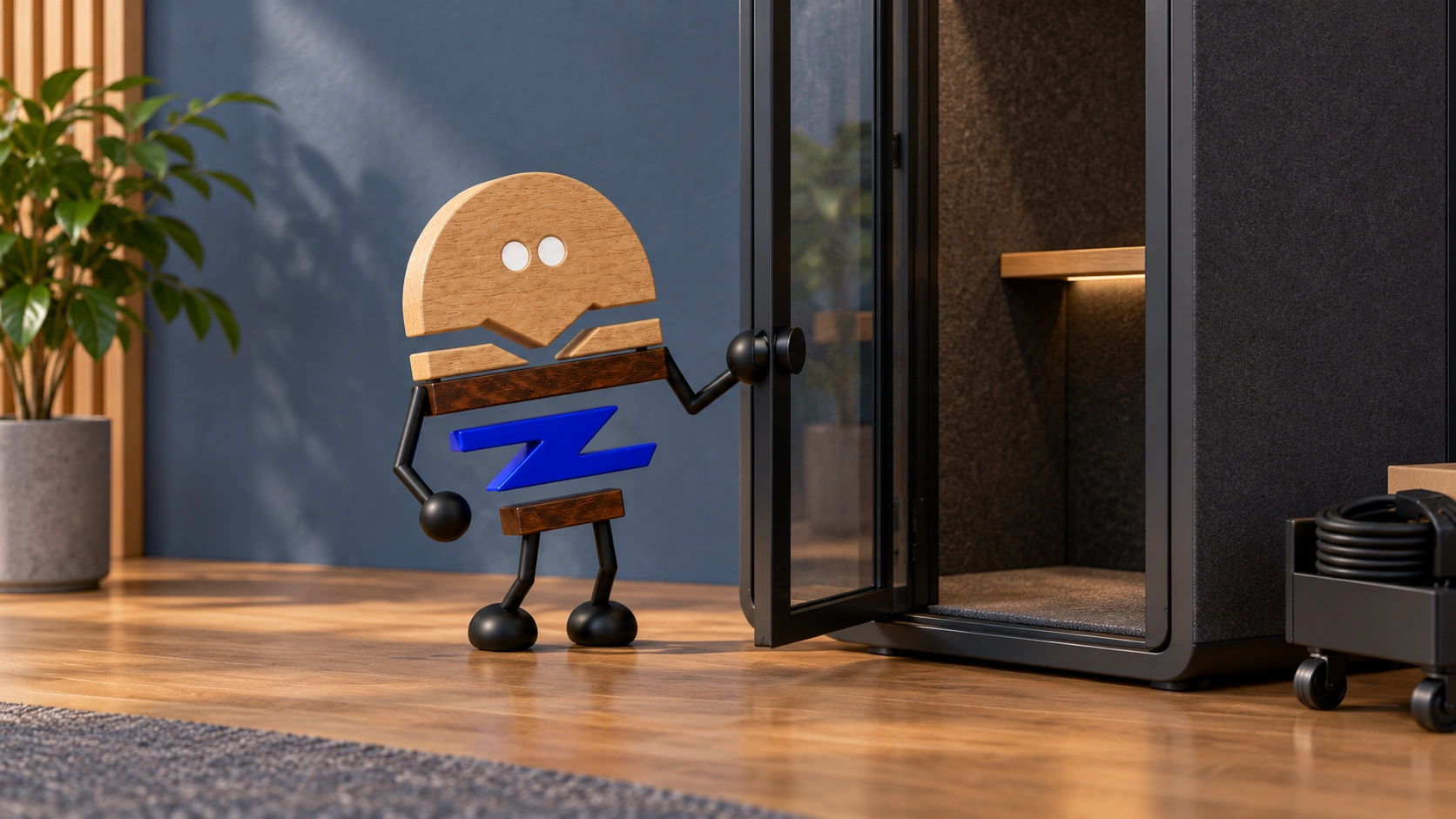 A wooden 3D Chunzai gently opens a reachable low handle on a generic office pod, with a separate connection kit beside the entrance.