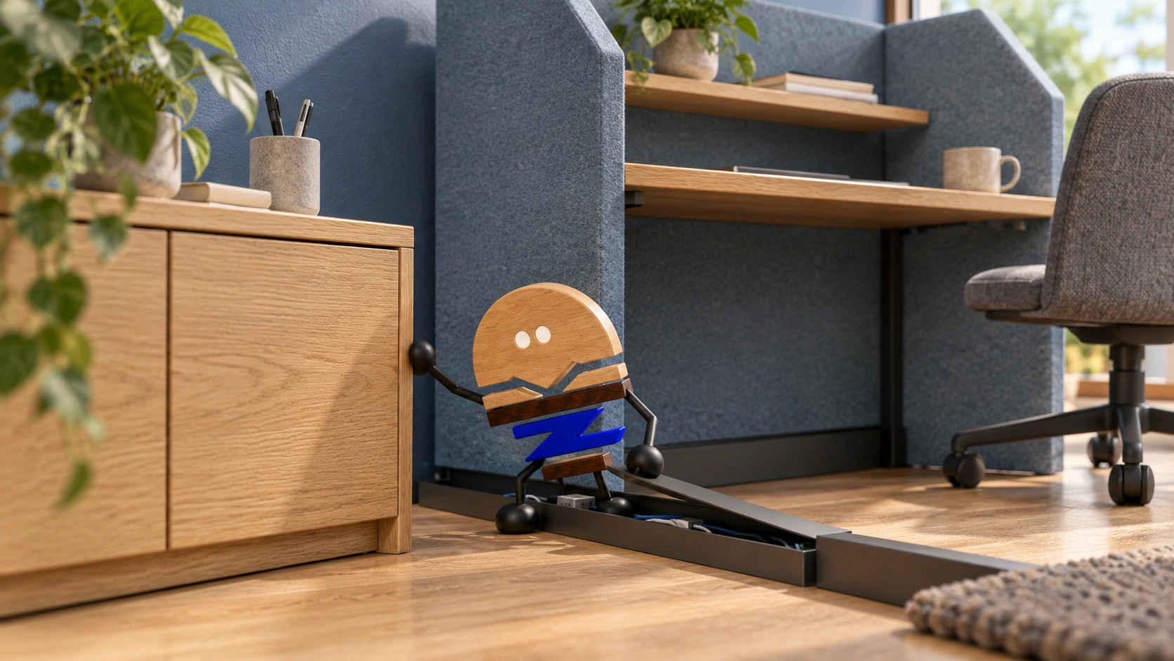 Wooden ChunZai crouches beside a low cable tray at a Cove workstation, lifting the cover while bracing against the shared cabinet to inspect the route between storage, screen and passage.