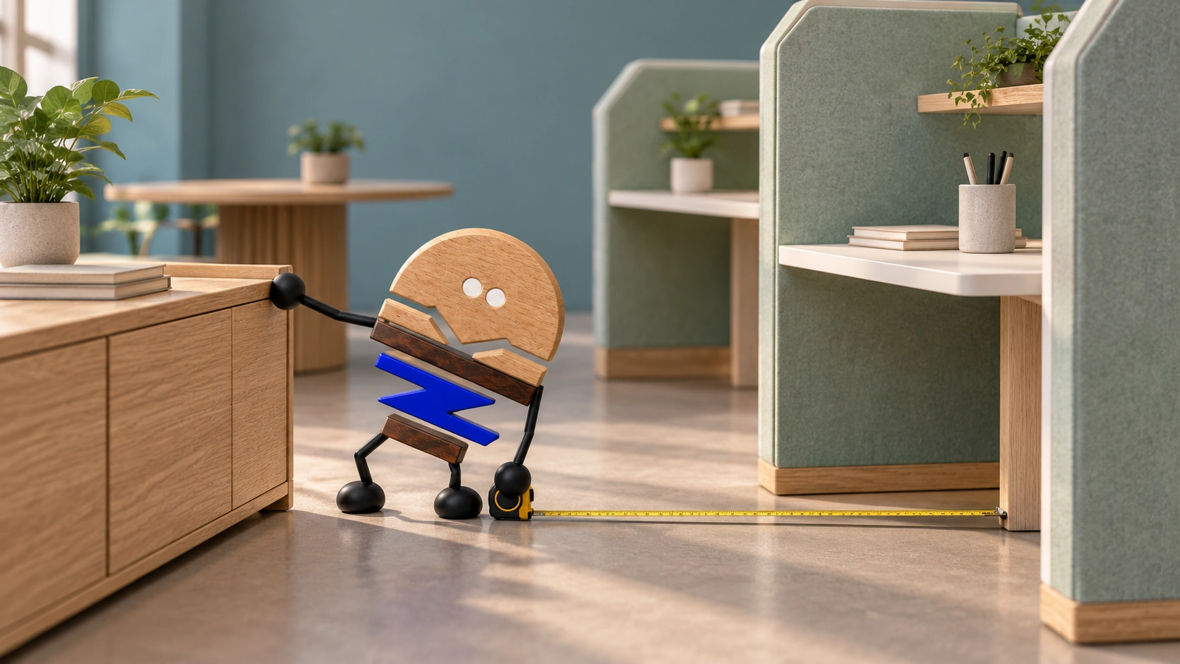 Wooden ChunZai bends to hold a tape measure across the passage between a low cabinet and a faceted Cove workstation, bracing its other hand on the cabinet corner.