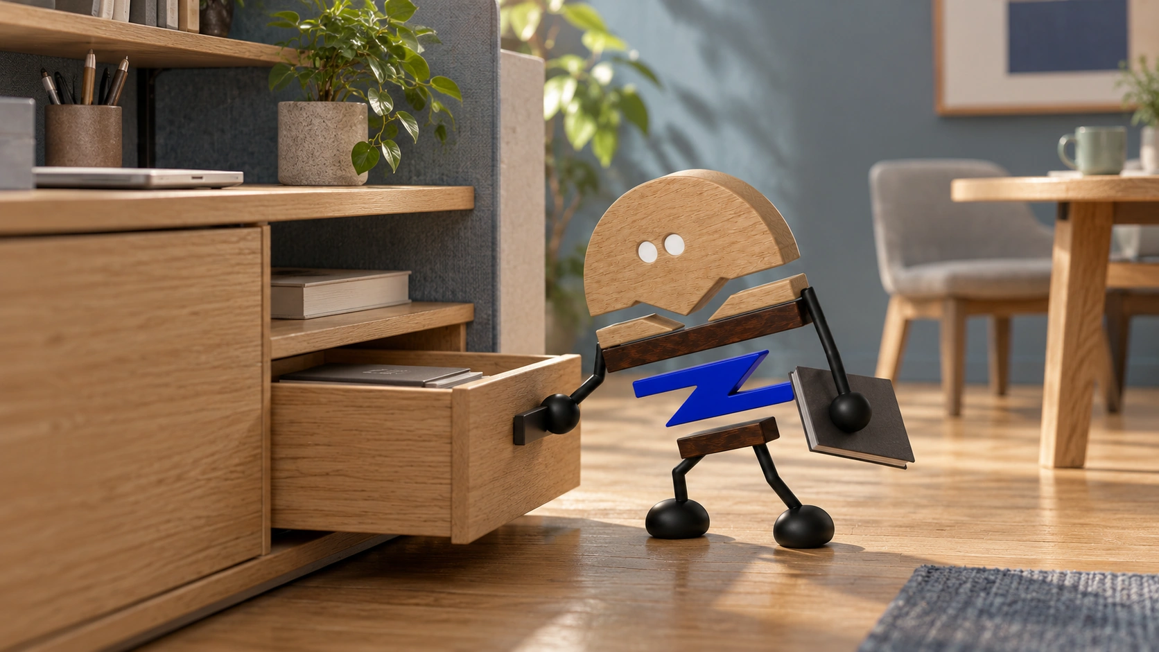Wooden ChunZai leans back on bent knees, pulling open a low drawer at a Cove workstation while holding a book to test everyday access to shared storage.