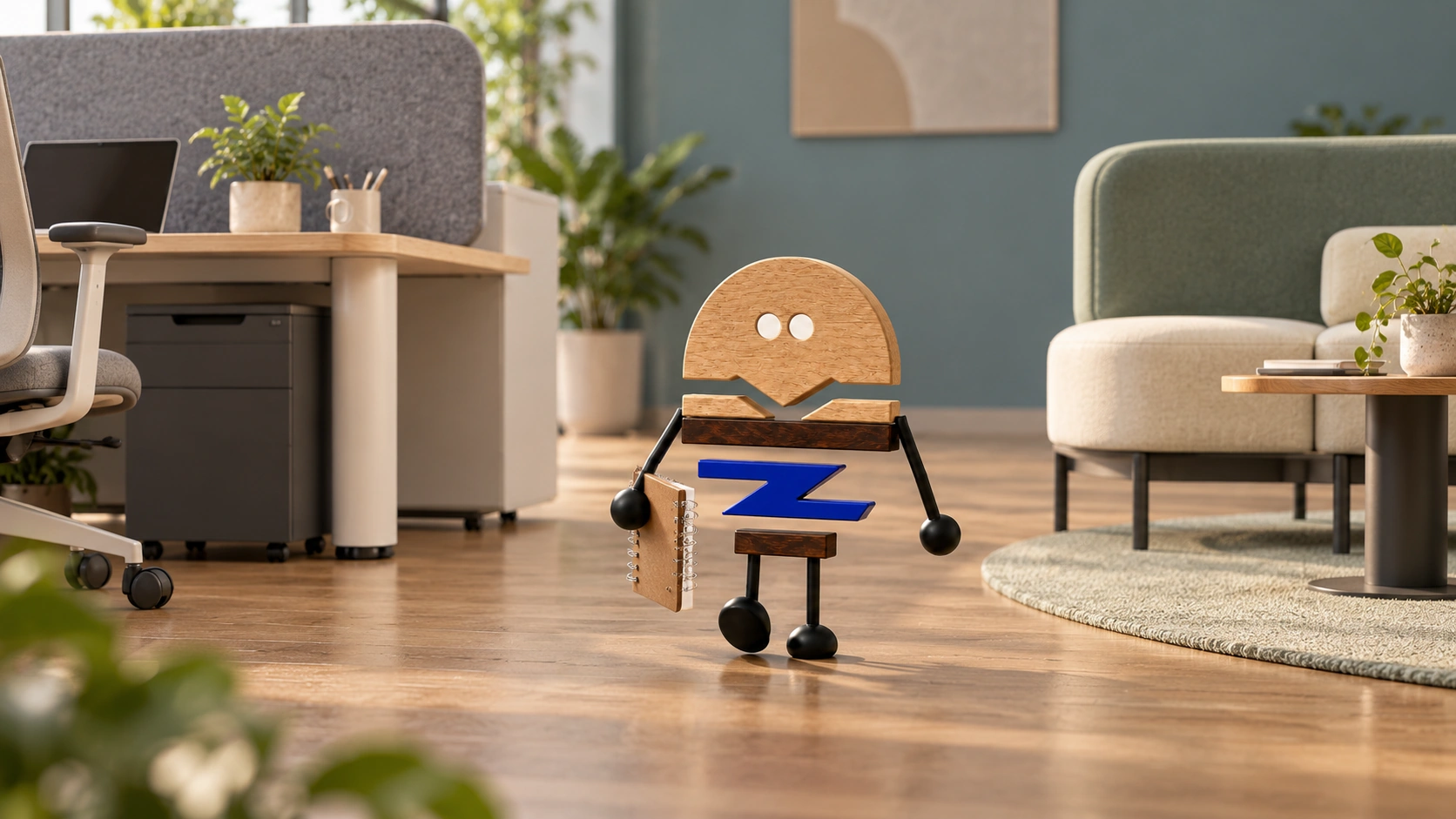 Wooden ChunZai carries a notebook through the open aisle between a Cloud workstation and a Flow lounge setting.