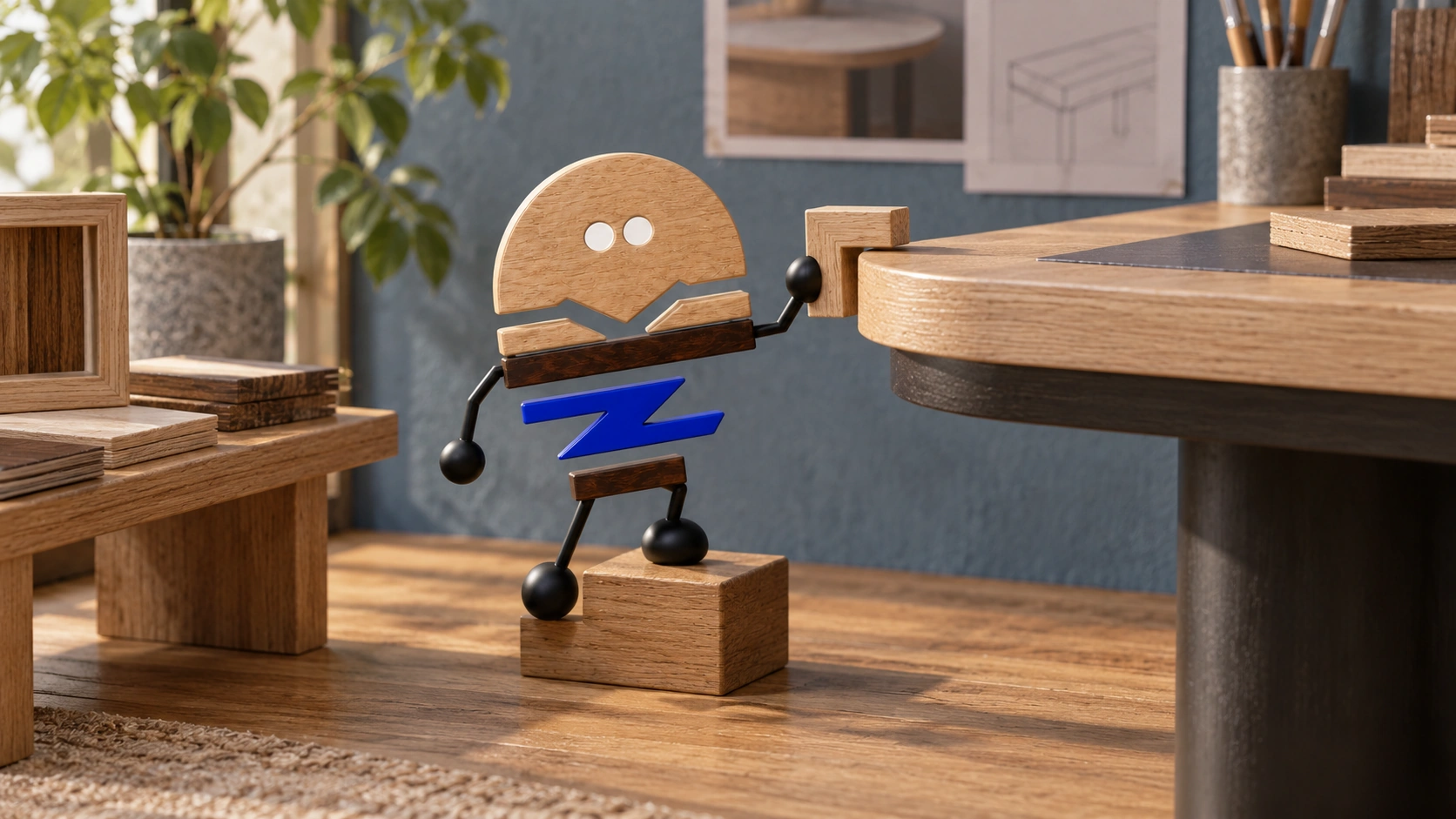 Wooden ChunZai steps onto a low oak block to compare an L-shaped edge sample with the rounded end of an Ascent desk, beside small veneer pieces and frame mock-ups for examining grain and material junctions.