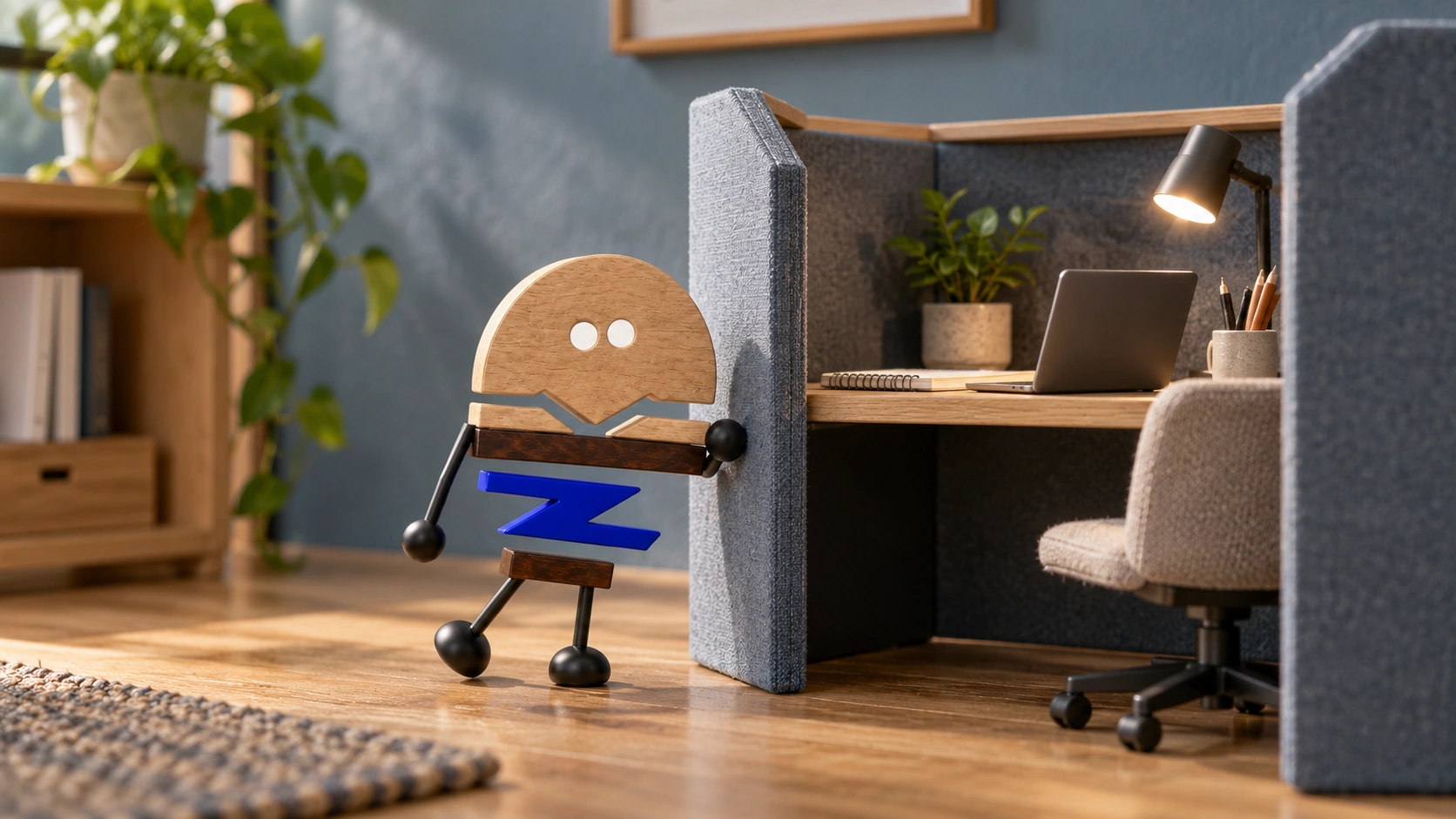 Wooden ChunZai leans into the entrance of a Cove workstation, where a task light, desk, laptop and chair define the inner work position.