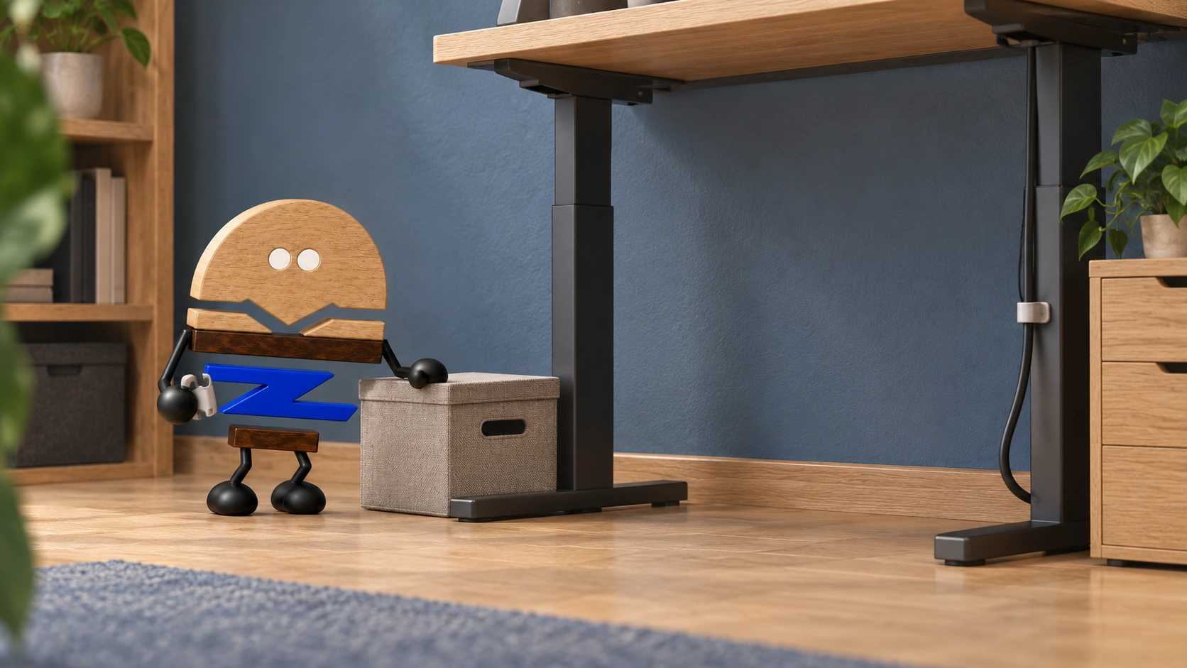 A wooden 3D Chunzai checks the clear knee space beneath a generic height-adjustable desk, with a separate storage unit beyond the leg.