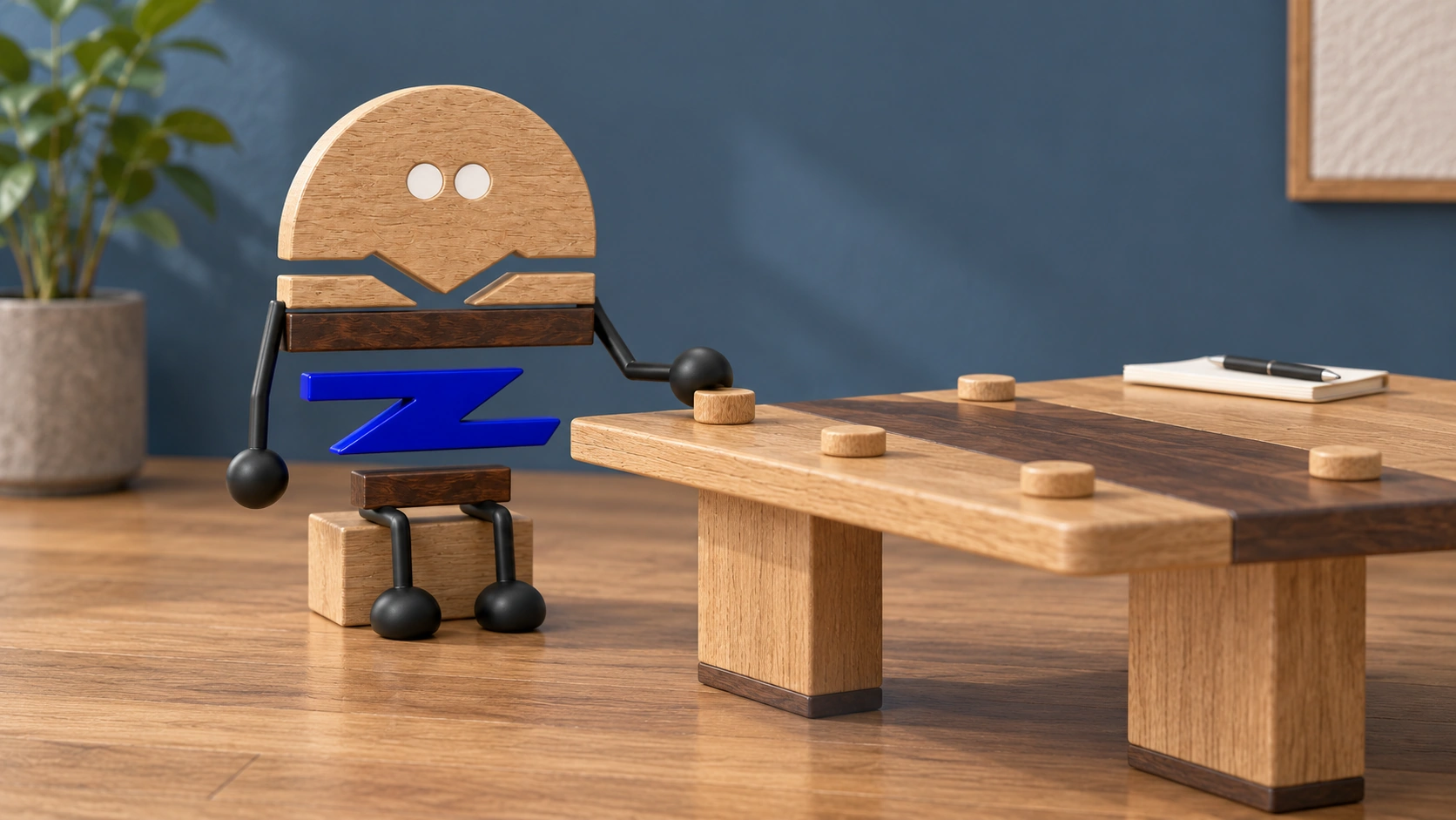 A wooden 3D Chunzai adjusts a seat marker beside a compact Luma conference-table model, comparing seating positions with the fixed supports.