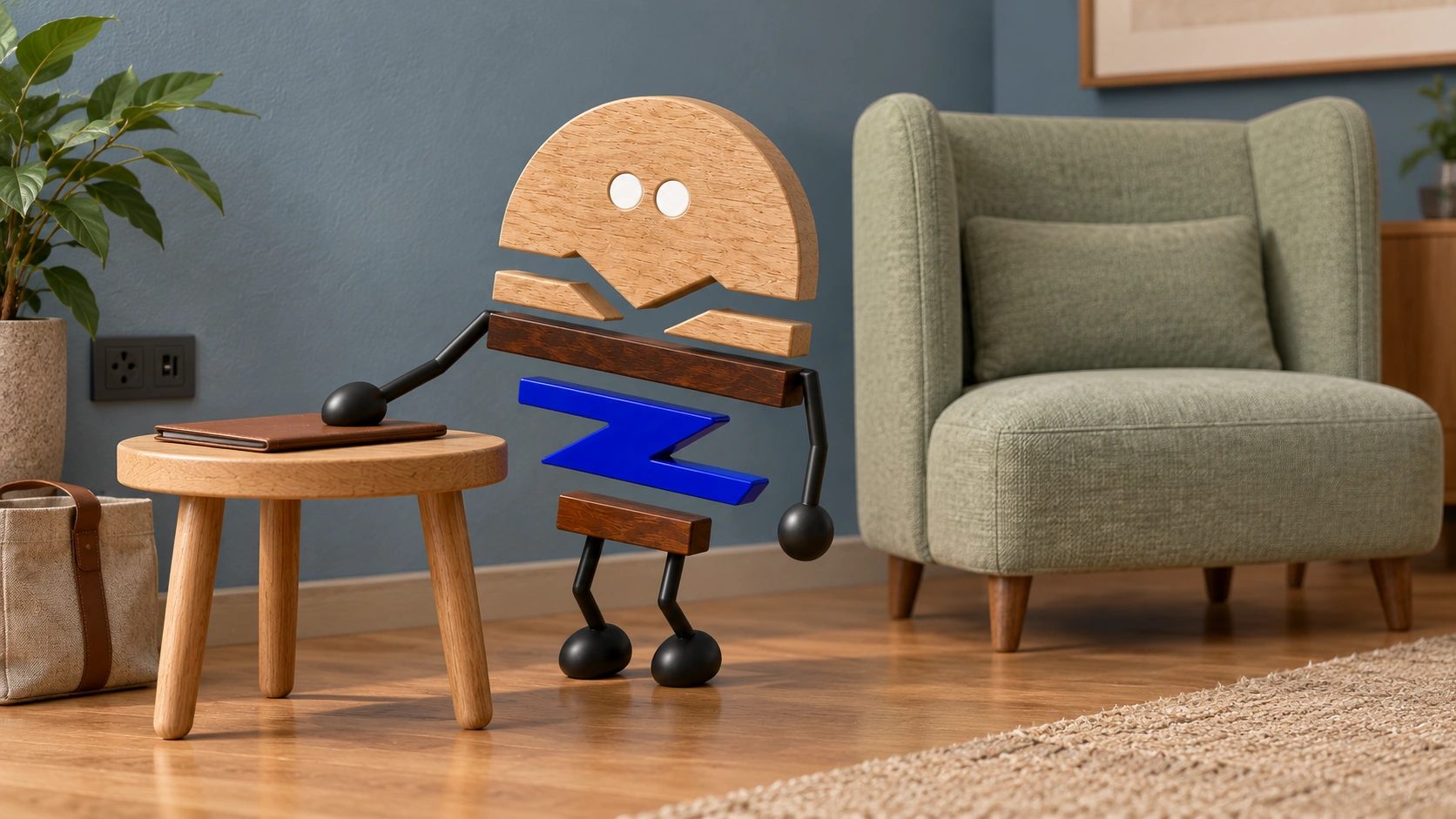 Wooden ChunZai bends its knees to set a folio on the side table, bringing lounge seating, bag space and a nearby power socket into a welcoming corner.