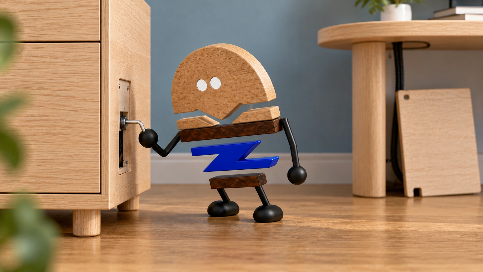 Wooden ChunZai checks a nearby service connector beside a storage cabinet, with a removable panel and under-desk cable route illustrating accessible maintenance.