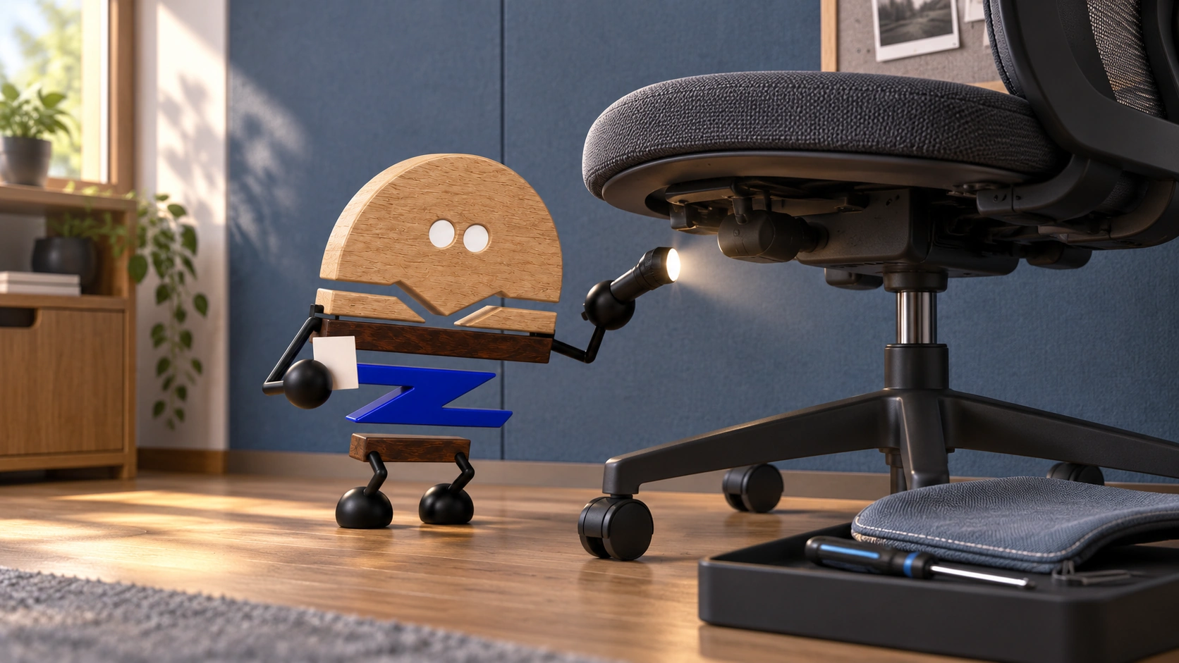 A wooden 3D Chunzai crouches beside a generic task chair, inspecting a low service opening with a short light while a replacement seat cover rests nearby.