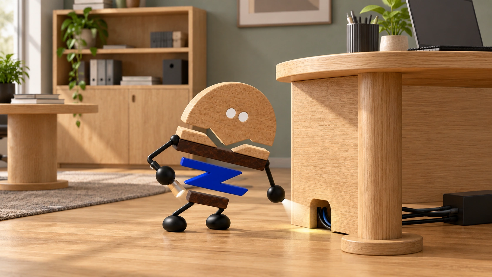 Wooden ChunZai crouches with a small torch to inspect a cable route beside an executive desk, bringing furniture, devices and accessible connections into one office scene.