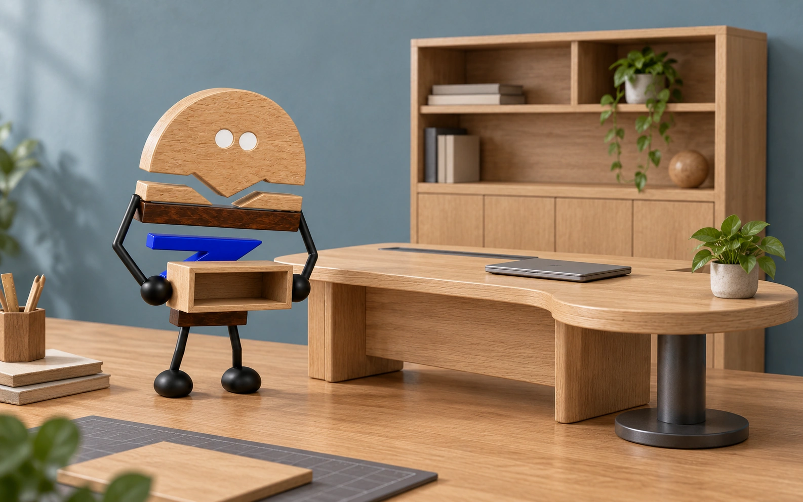A wooden Meichun character carries a small open cubby beside a miniature rounded-end desk, storage cabinet and equipment.