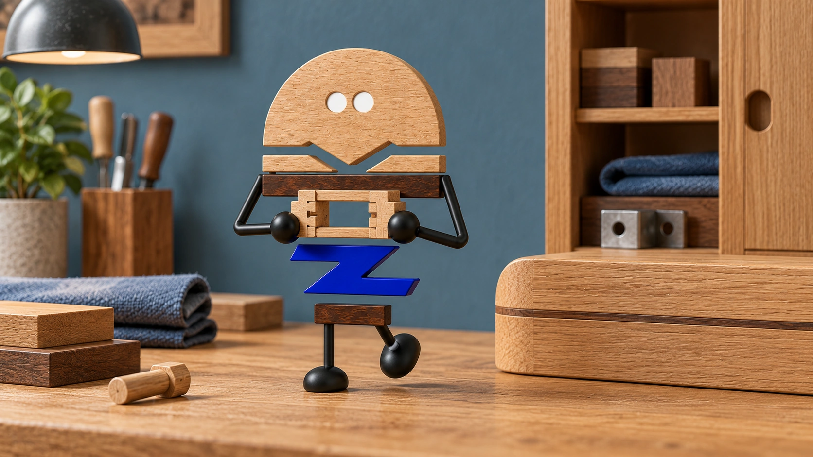 Wooden ChunZai takes a careful step with a small timber joint frame, among wood, fabric and metal connection samples.