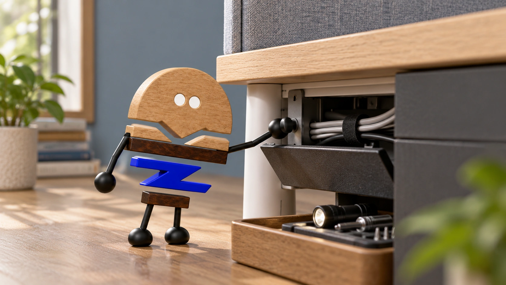 Wooden ChunZai checks a retaining knob beside an open under-desk service panel, with tidy cables exposed and tools resting in a nearby tray.
