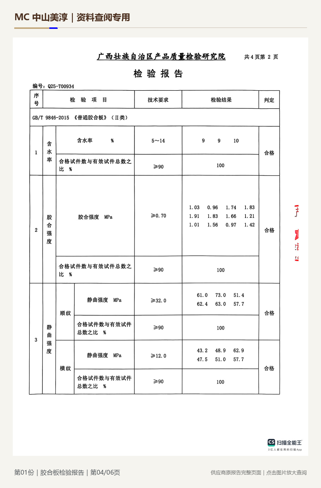 胶合板检验报告第 4 页水印阅读图